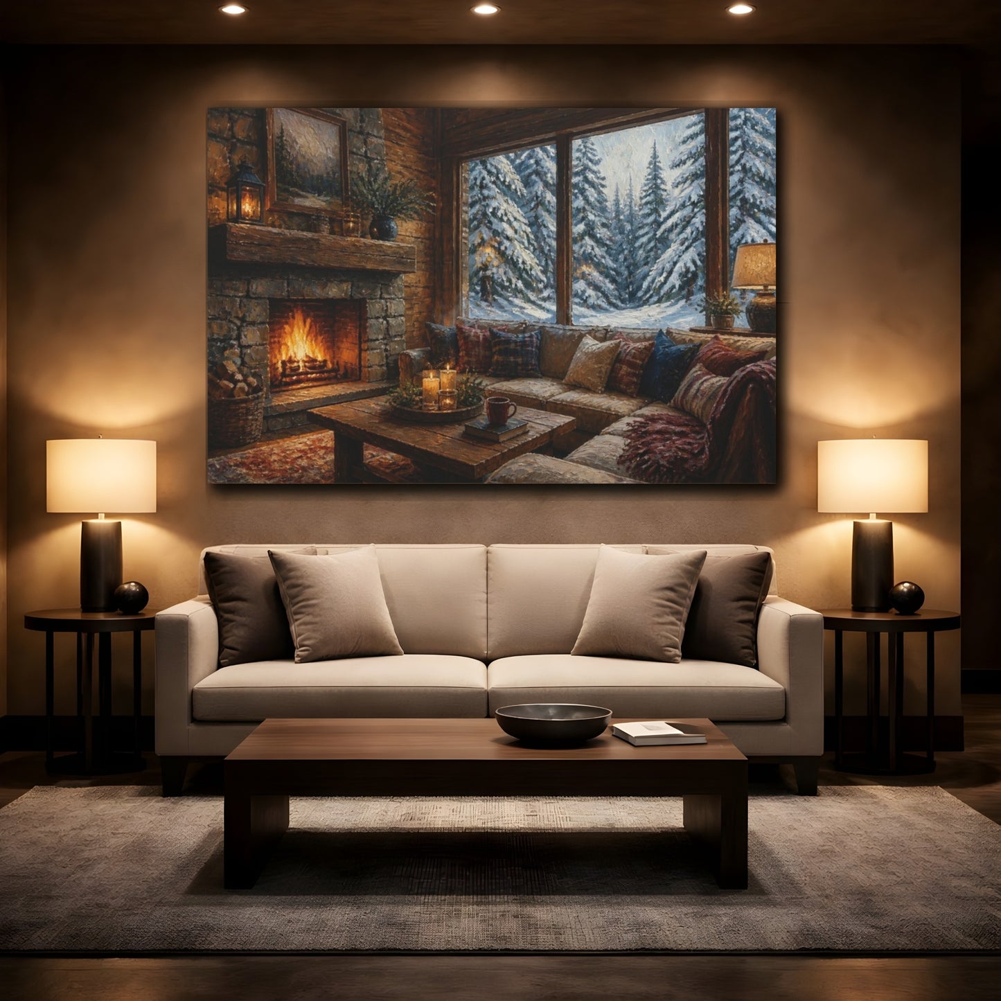 Mockup 2. Cozy Cabin Living Room shown as canvas print