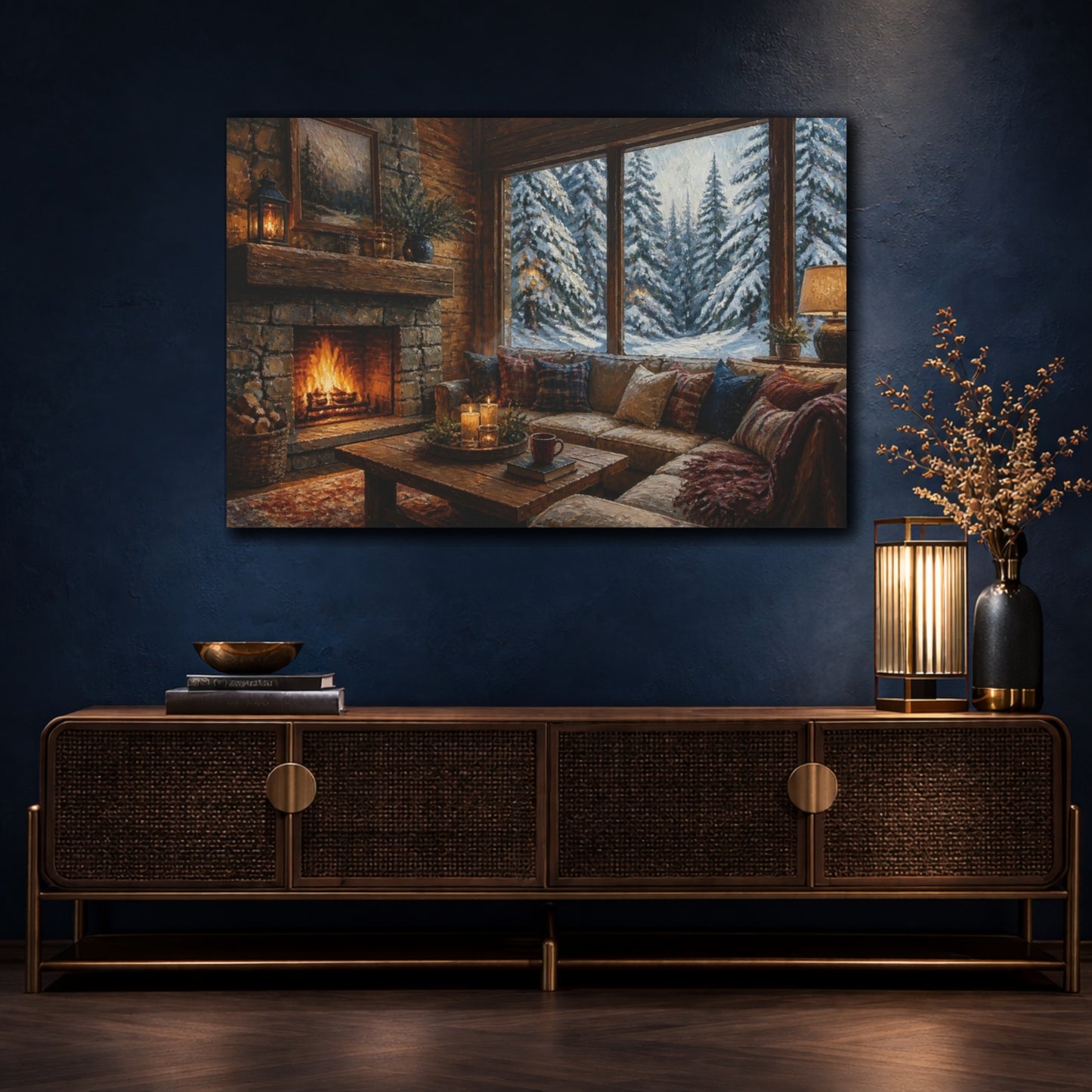 Mockup 4. Cozy Cabin Living Room shown as canvas print