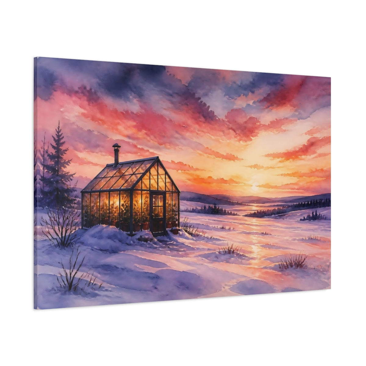 Side Mockup 1. Cozy Glass Greenhouse Sunset shown as canvas print