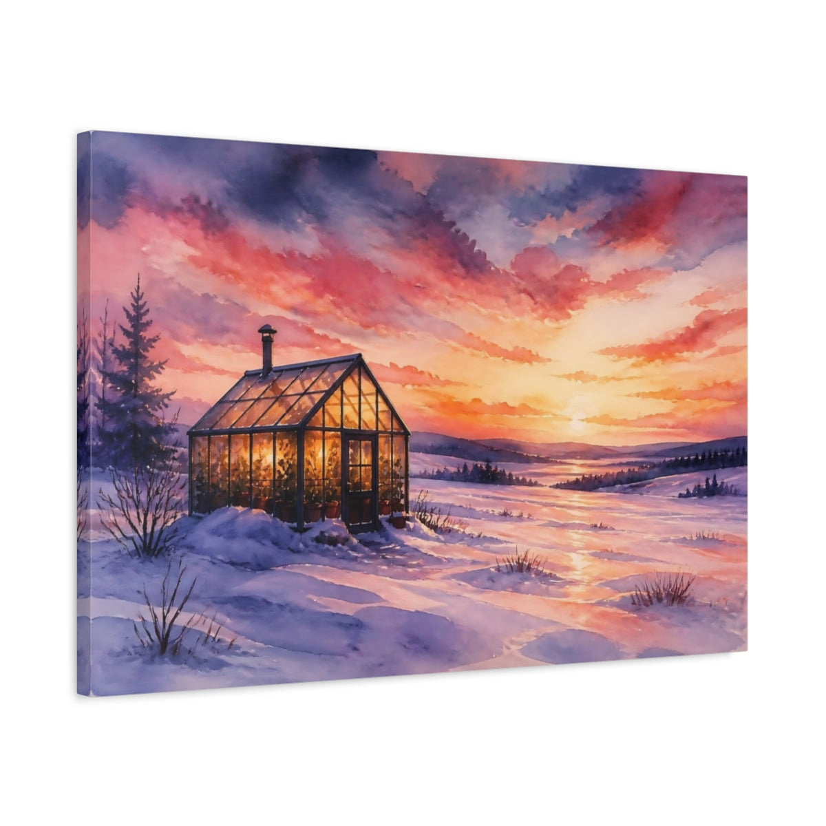 Side Mockup 2. Cozy Glass Greenhouse Sunset shown as canvas print