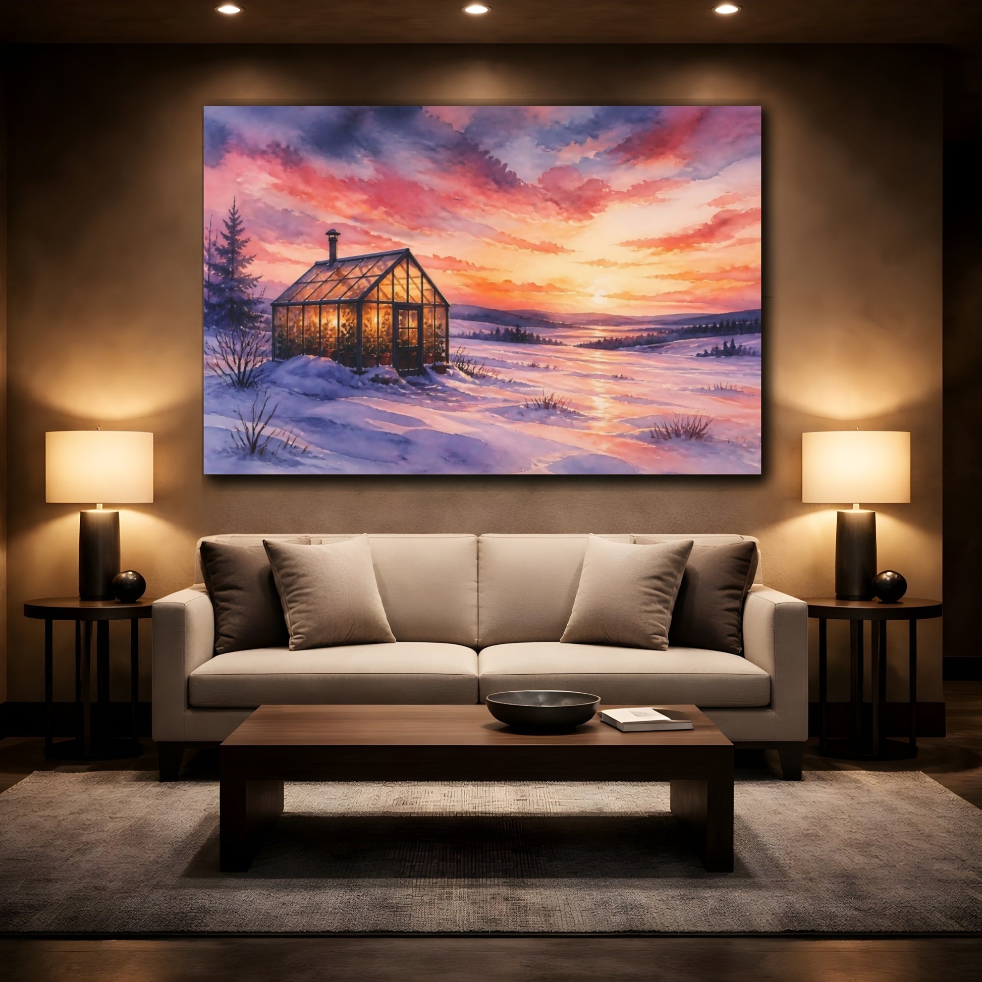 Mockup 2. Cozy Glass Greenhouse Sunset shown as canvas print