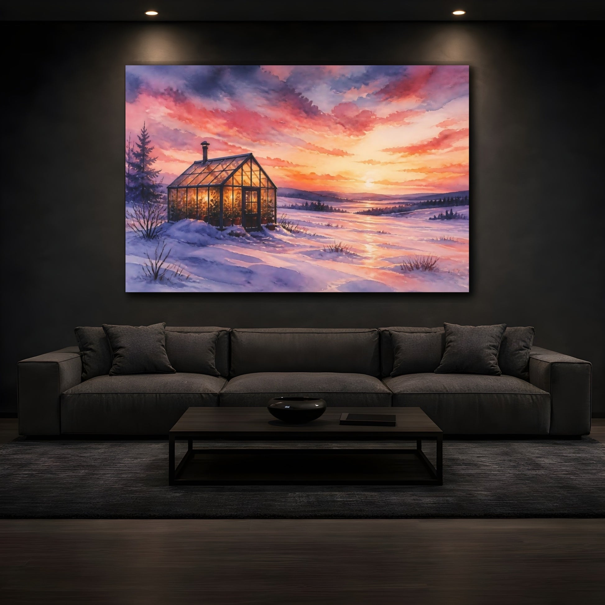 Mockup 3. Cozy Glass Greenhouse Sunset shown as canvas print