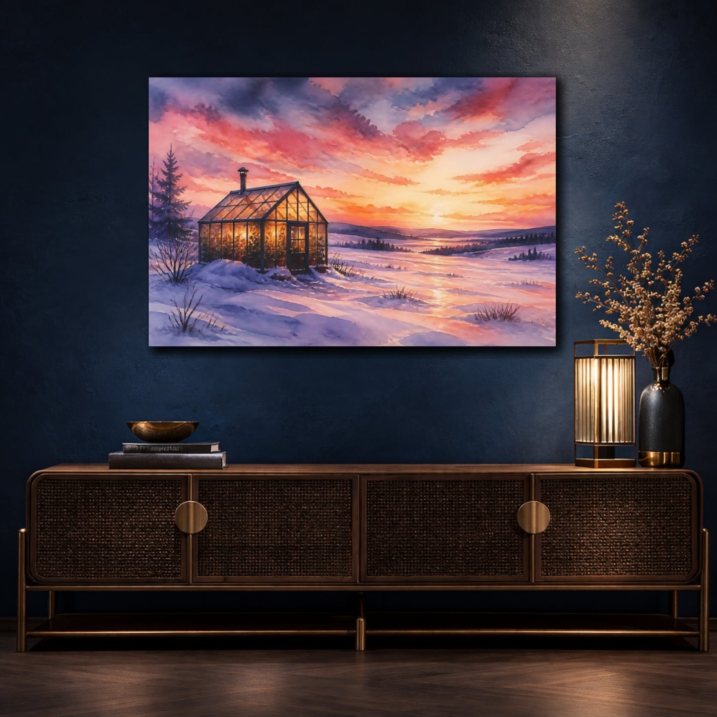 Mockup 4. Cozy Glass Greenhouse Sunset shown as canvas print