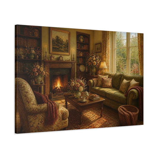 Main Mockup. Cozy Living Room Fireplace shown as canvas print