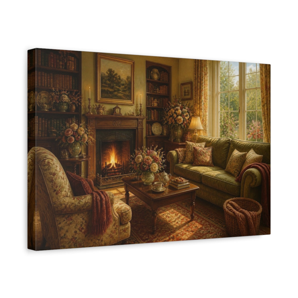 Side Mockup 4. Cozy Living Room Fireplace shown as canvas print