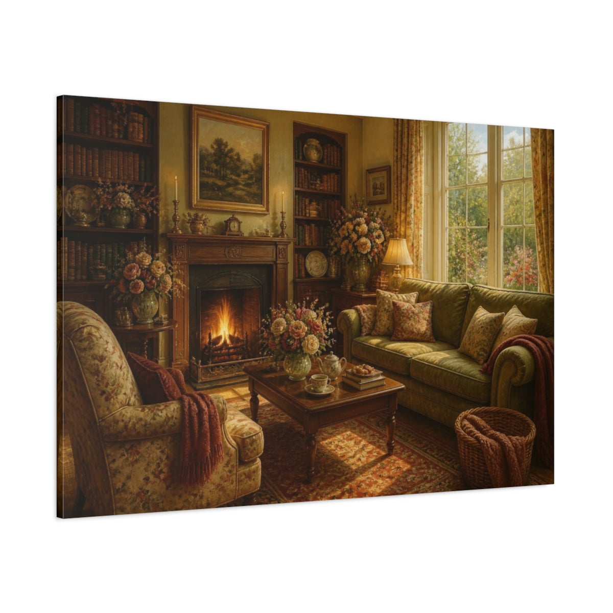 Side Mockup 1. Cozy Living Room Fireplace shown as canvas print