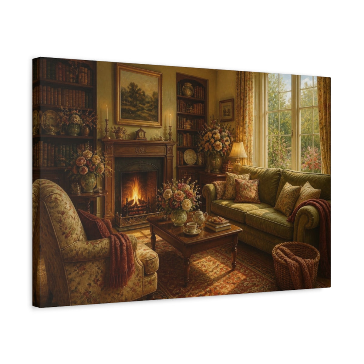 Side Mockup 3. Cozy Living Room Fireplace shown as canvas print