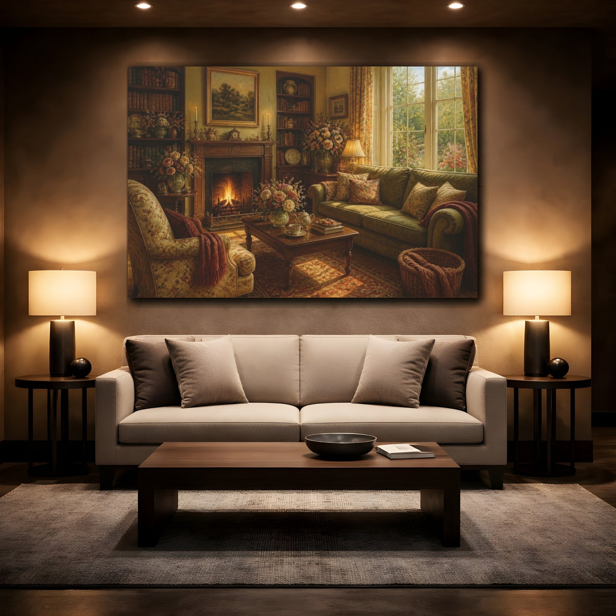 Mockup 2. Cozy Living Room Fireplace shown as canvas print