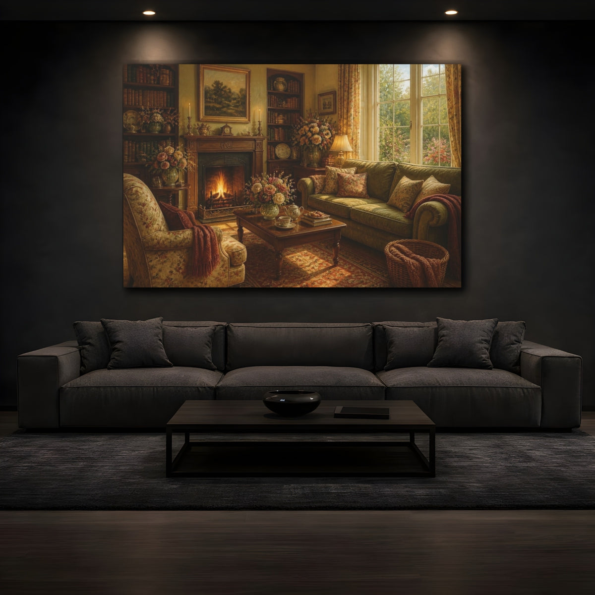 Mockup 3. Cozy Living Room Fireplace shown as canvas print