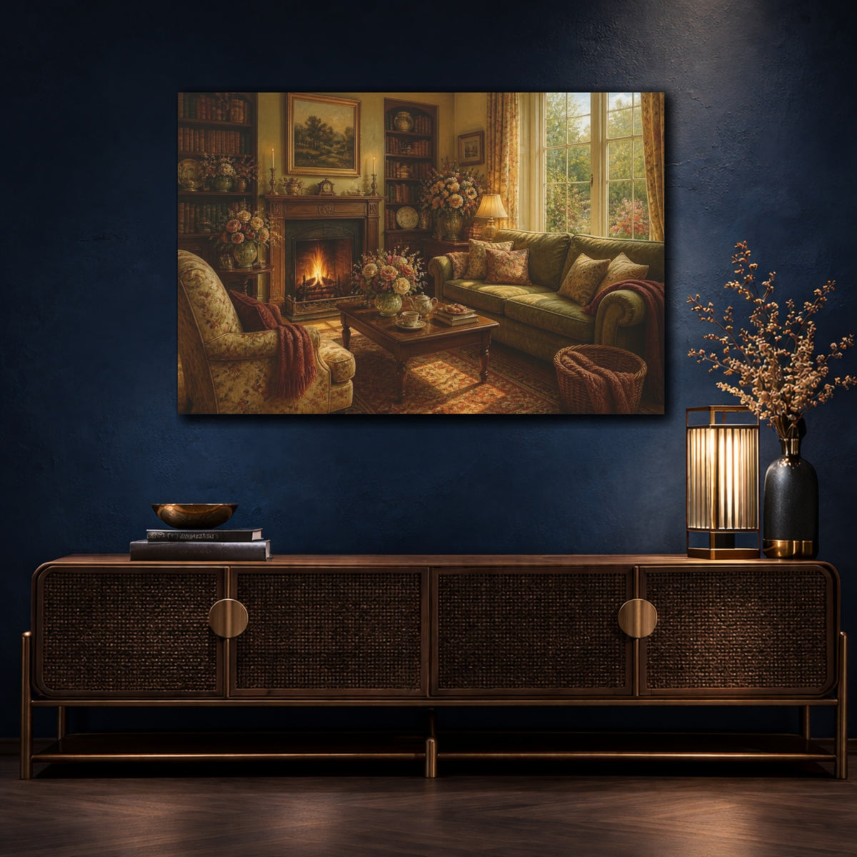 Mockup 4. Cozy Living Room Fireplace shown as canvas print