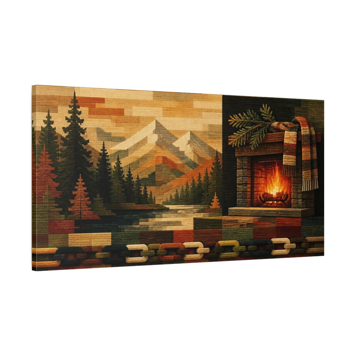 Main Mockup. Cozy Mountain Fireplace shown as canvas print