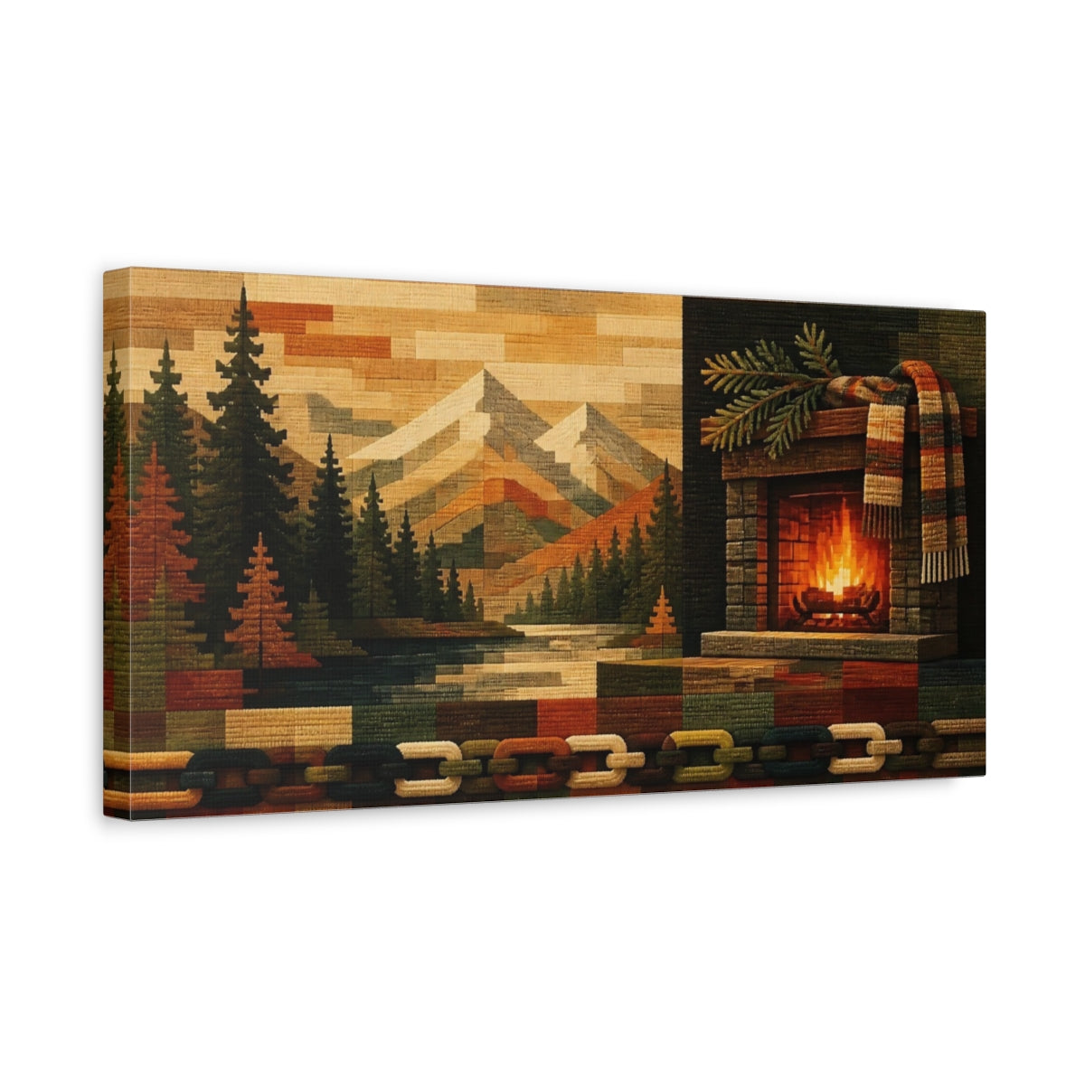 Side Mockup 3. Cozy Mountain Fireplace shown as canvas print