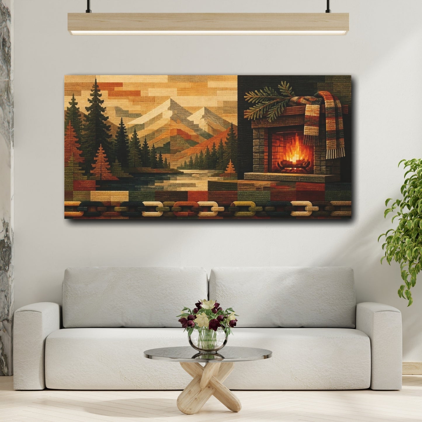 Mockup 2. Cozy Mountain Fireplace shown as canvas print