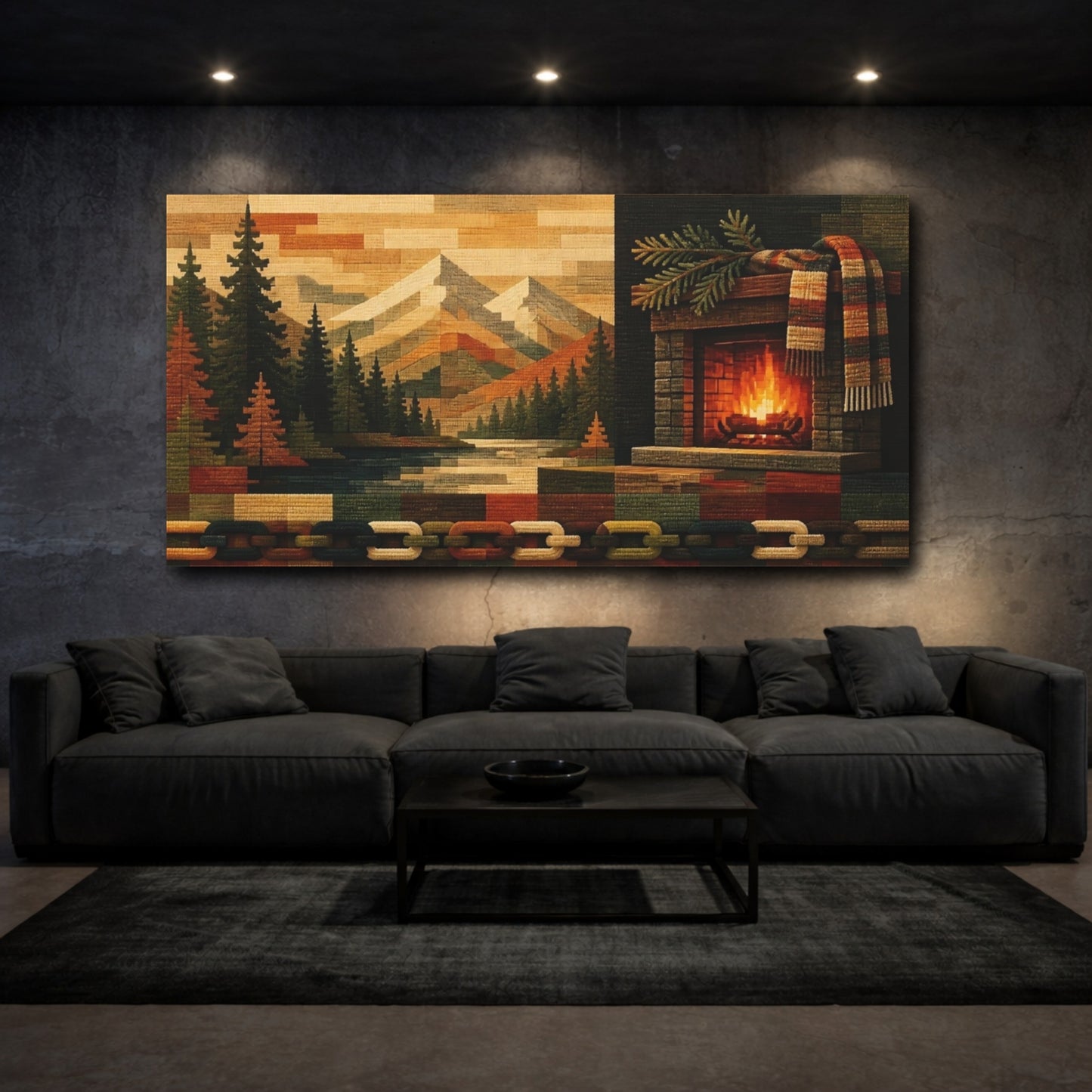 Mockup 3. Cozy Mountain Fireplace shown as canvas print