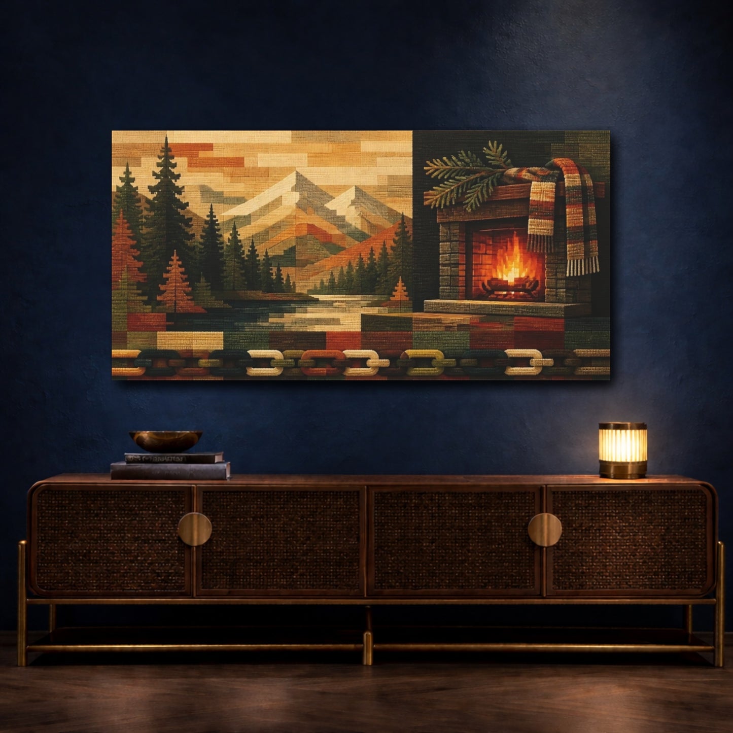 Mockup 4. Cozy Mountain Fireplace shown as canvas print
