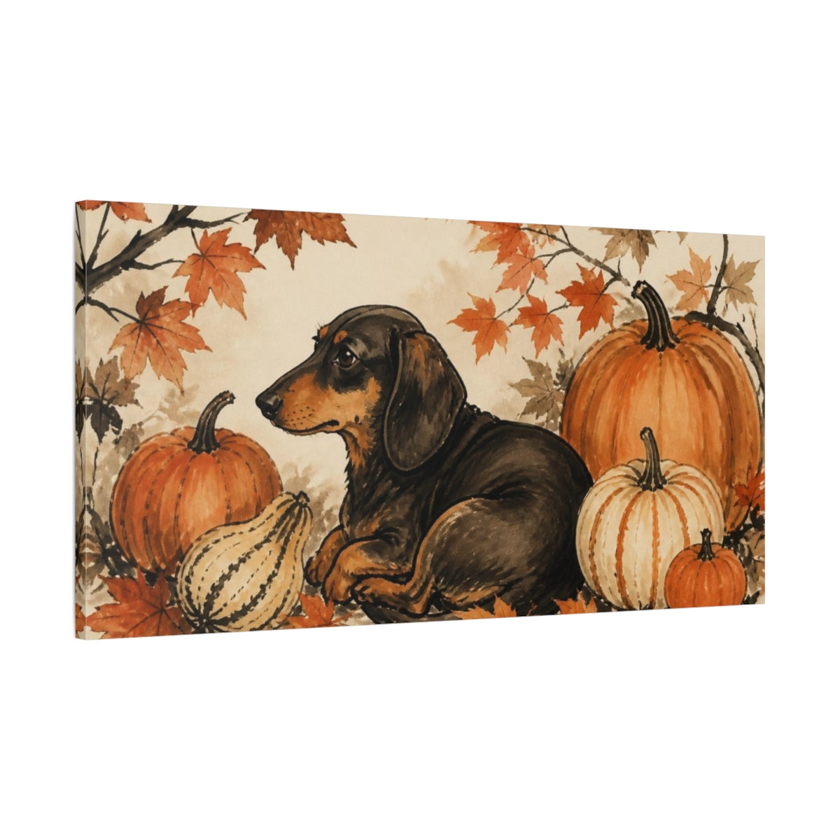 Main Mockup. Cozy Pet Dachshund With Pumpkins shown as canvas print