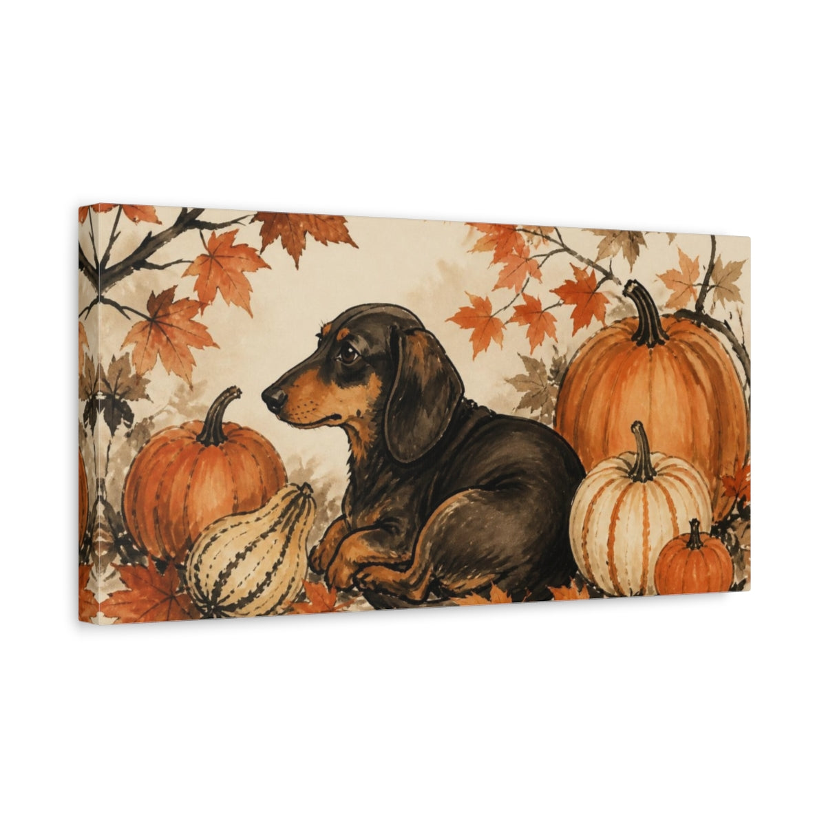 Side Mockup 3. Cozy Pet Dachshund With Pumpkins shown as canvas print