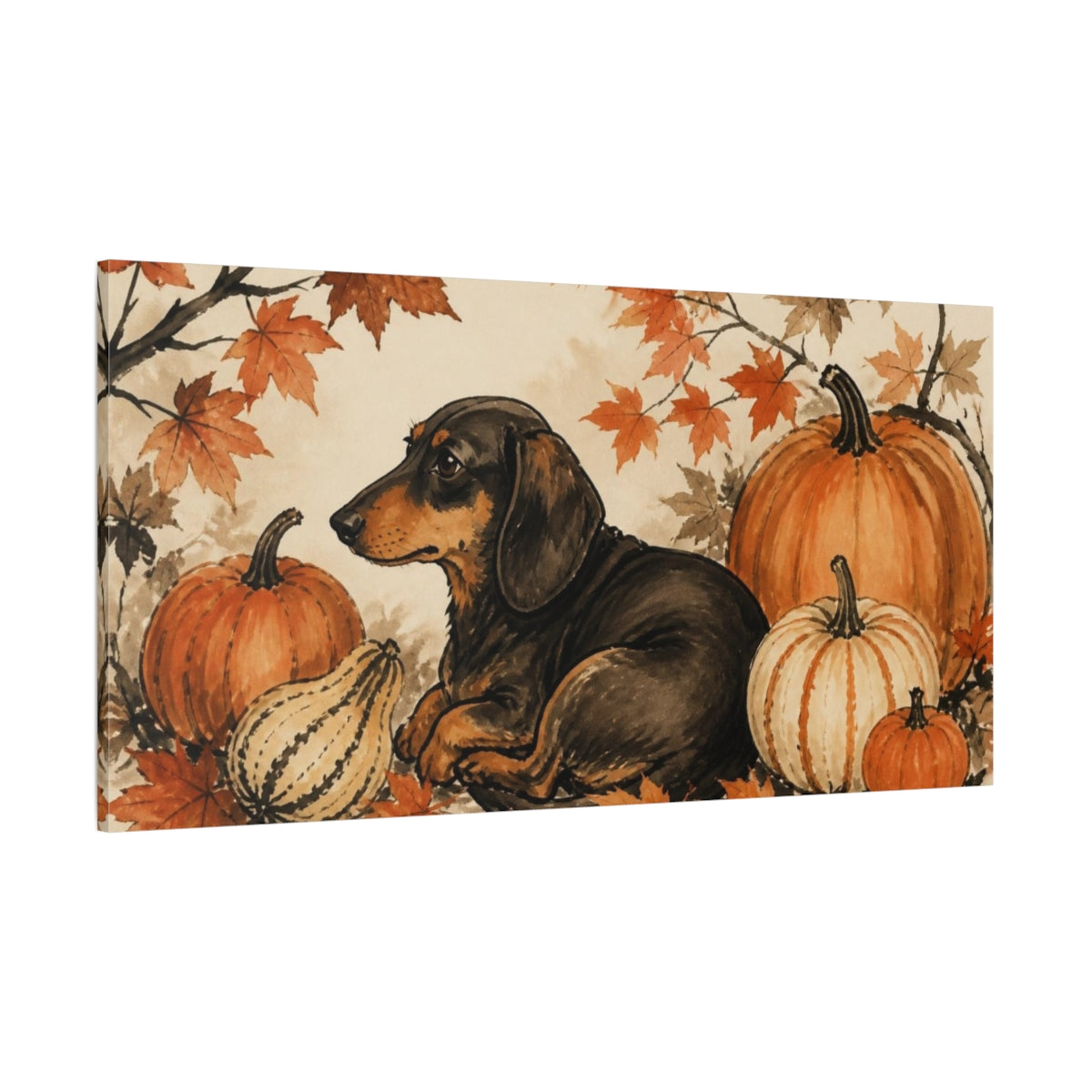 Side Mockup 2. Cozy Pet Dachshund With Pumpkins shown as canvas print