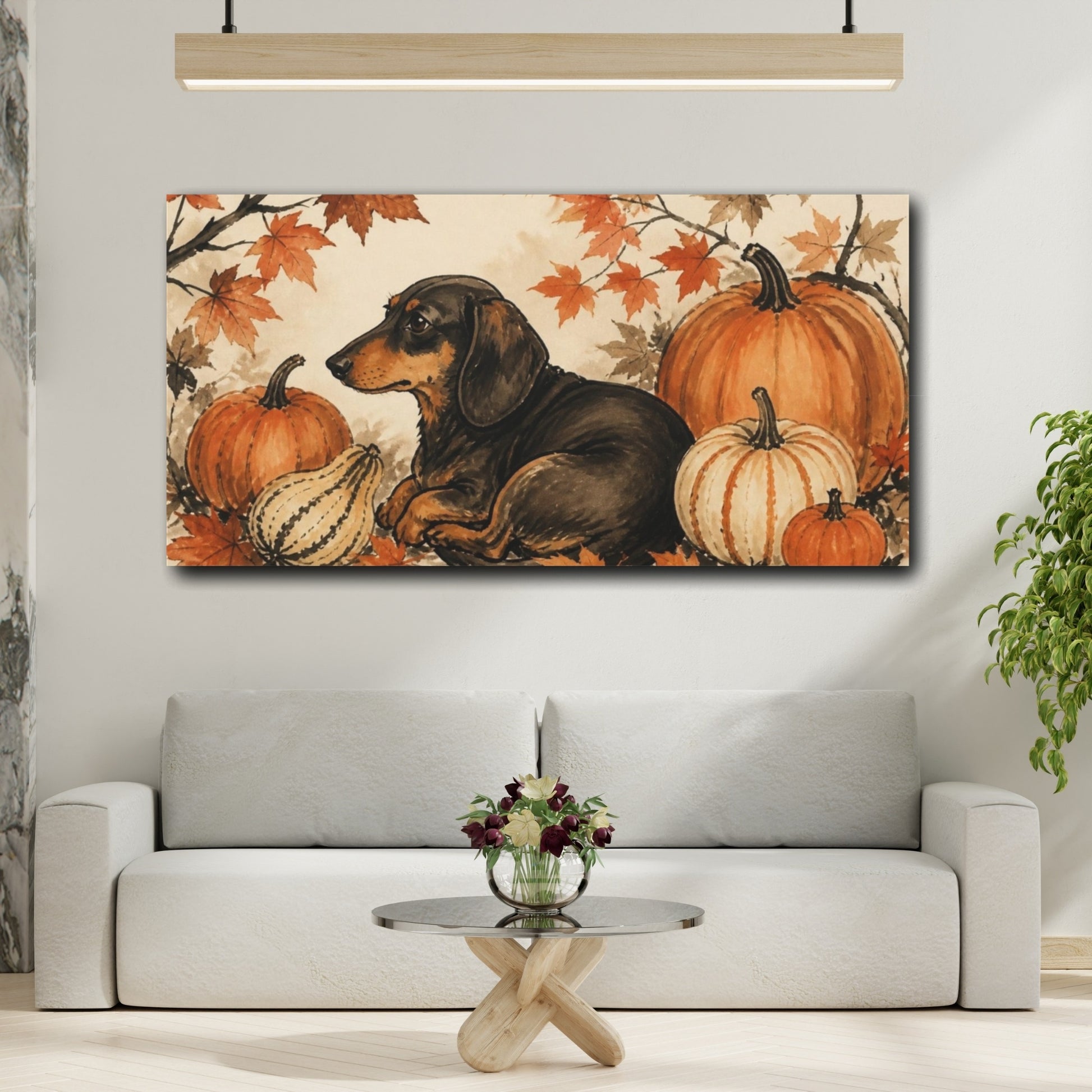 Mockup 2. Cozy Pet Dachshund With Pumpkins shown as canvas print