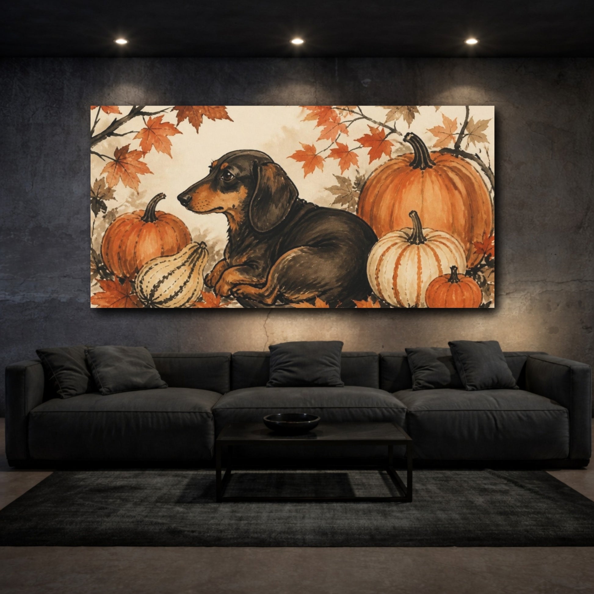 Mockup 3. Cozy Pet Dachshund With Pumpkins shown as canvas print