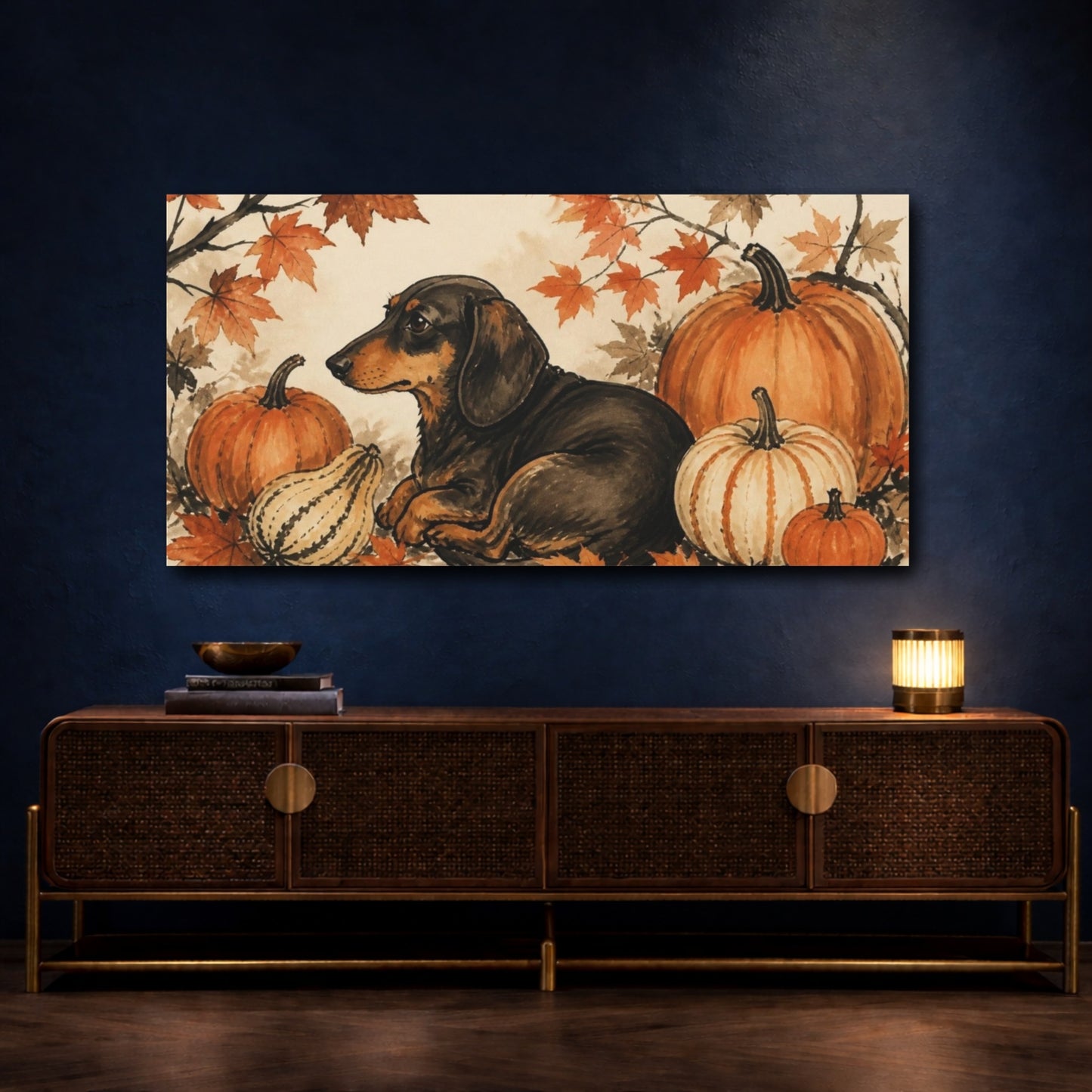 Mockup 4. Cozy Pet Dachshund With Pumpkins shown as canvas print