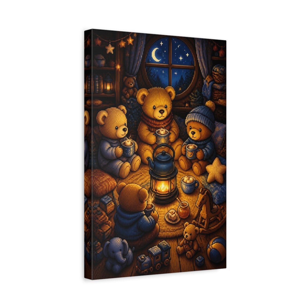 Cozy Teddy Bear Night Canvas Print – Kids Room, Above Crib, Blue & Amber - YesArtYes