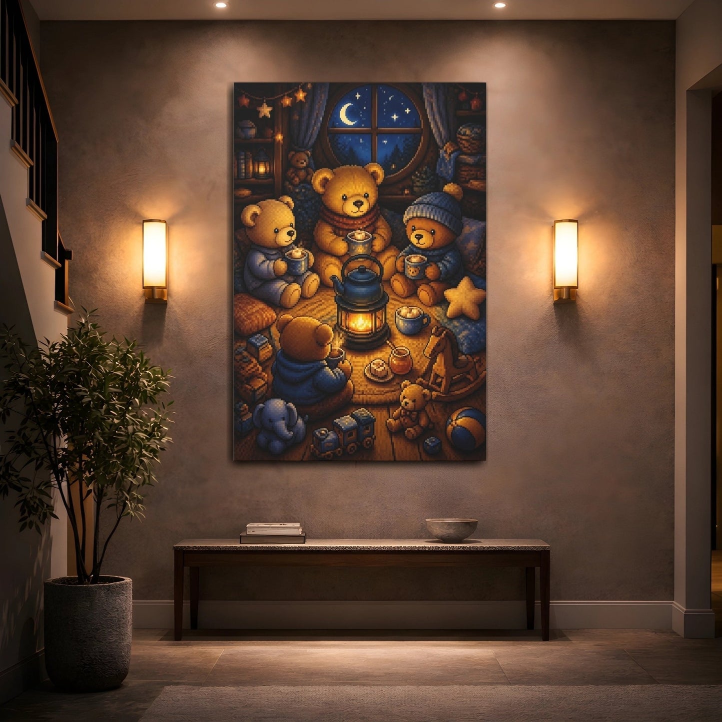 Cozy Teddy Bear Night Canvas Print – Kids Room, Above Crib, Blue & Amber - YesArtYes