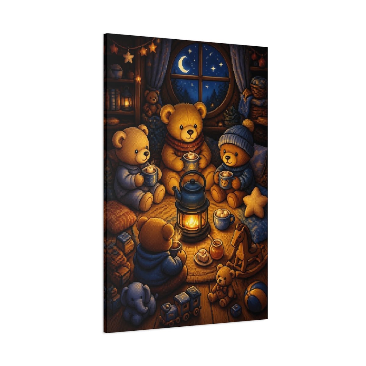 Cozy Teddy Bear Night Canvas Print – Kids Room, Above Crib, Blue & Amber - YesArtYes