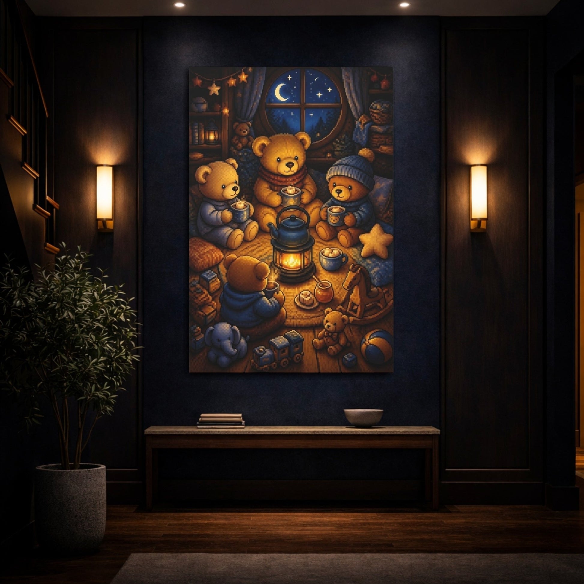 Cozy Teddy Bear Night Canvas Print – Kids Room, Above Crib, Blue & Amber - YesArtYes
