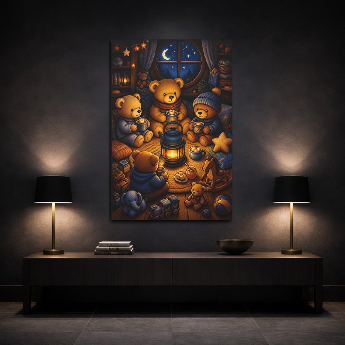 Cozy Teddy Bear Night Canvas Print – Kids Room, Above Crib, Blue & Amber - YesArtYes