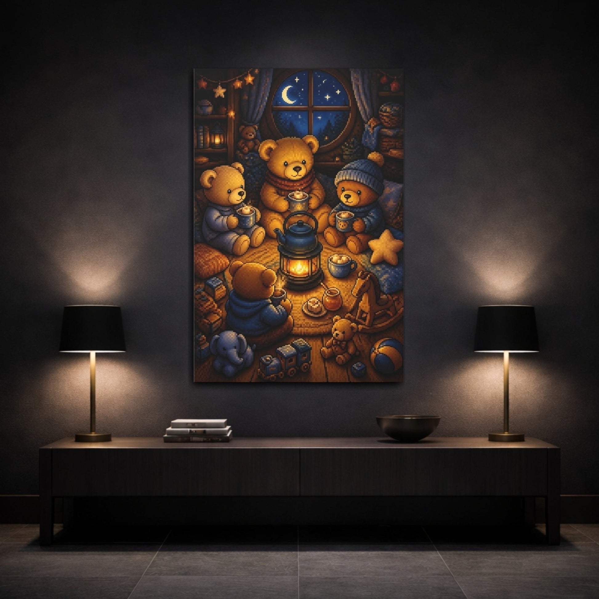 Cozy Teddy Bear Night Canvas Print – Kids Room, Above Crib, Blue & Amber - YesArtYes
