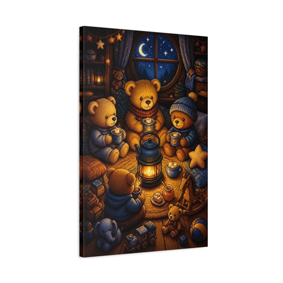 Cozy Teddy Bear Night Canvas Print – Kids Room, Above Crib, Blue & Amber - YesArtYes
