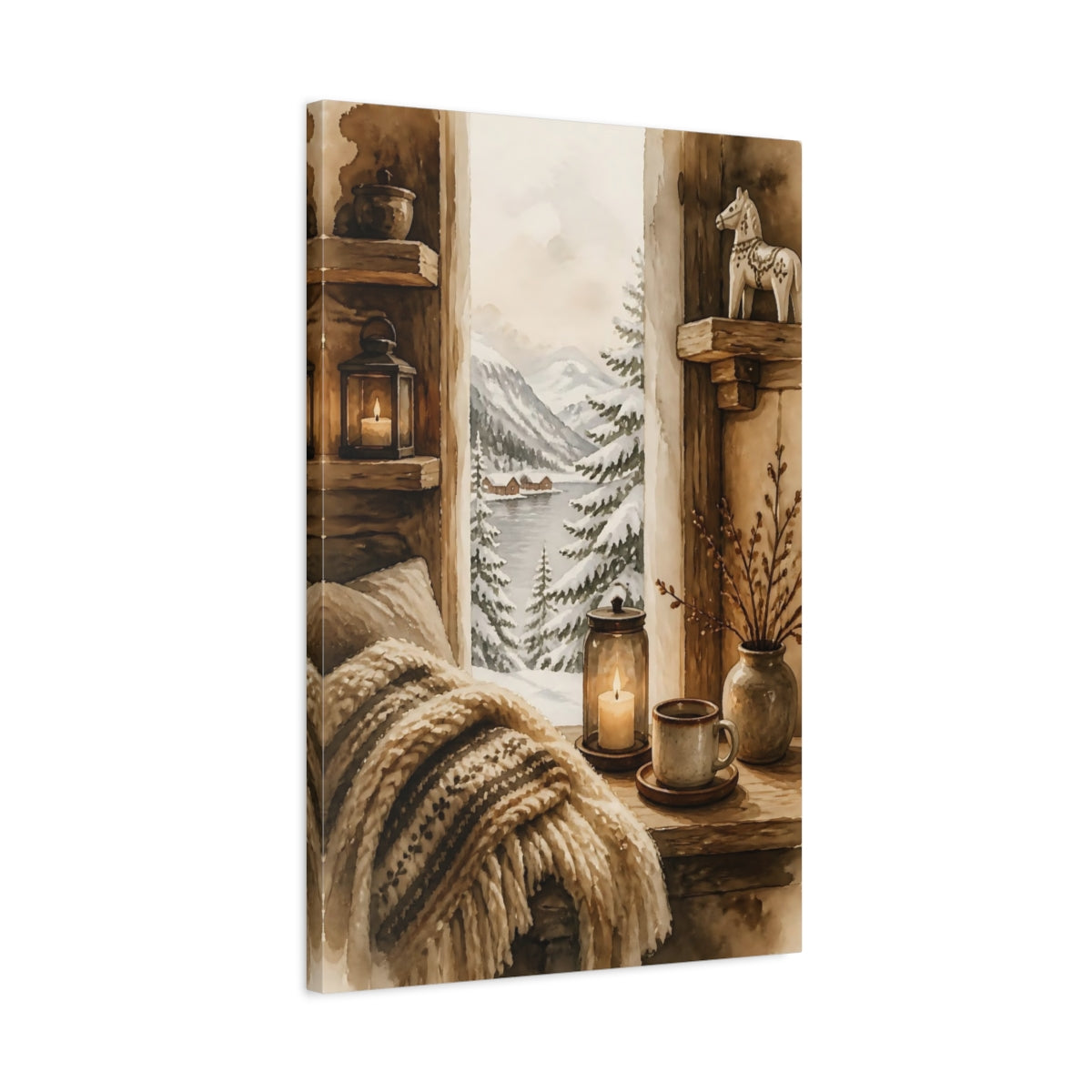 Side Mockup 2. Cozy Winter Window View shown as canvas print