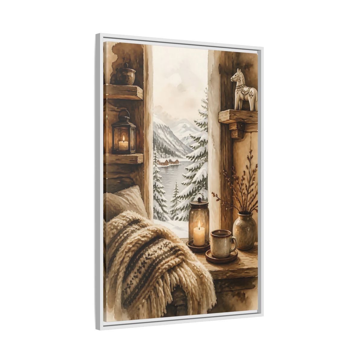 Side Mockup 9. Cozy Winter Window View shown as framed canvas print