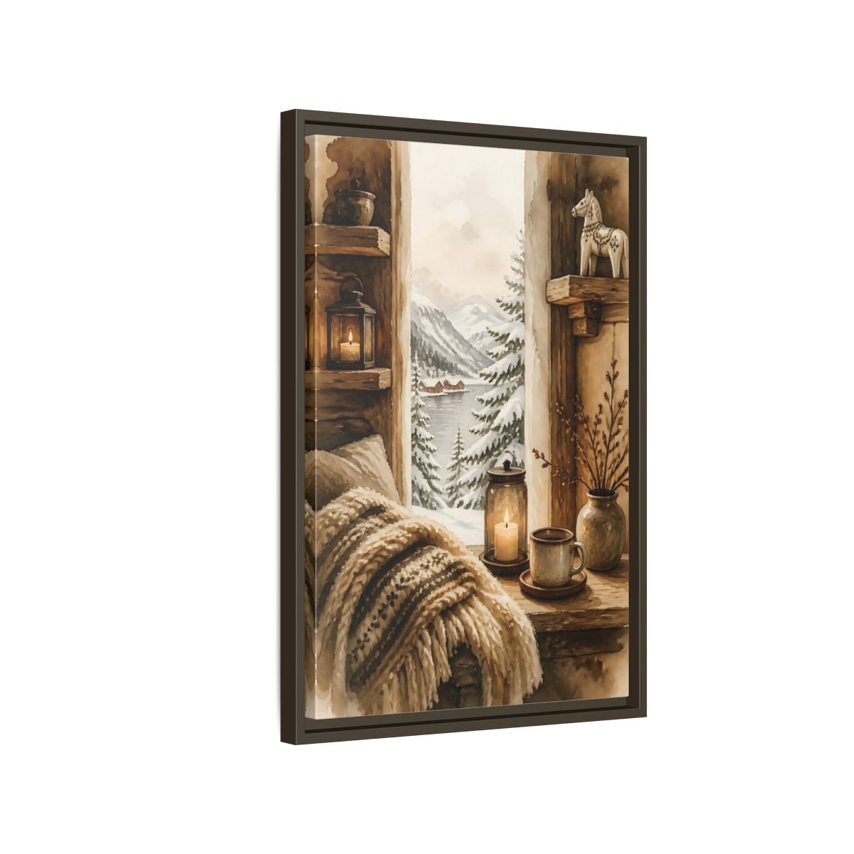 Side Mockup 2. Cozy Winter Window View shown as framed canvas print