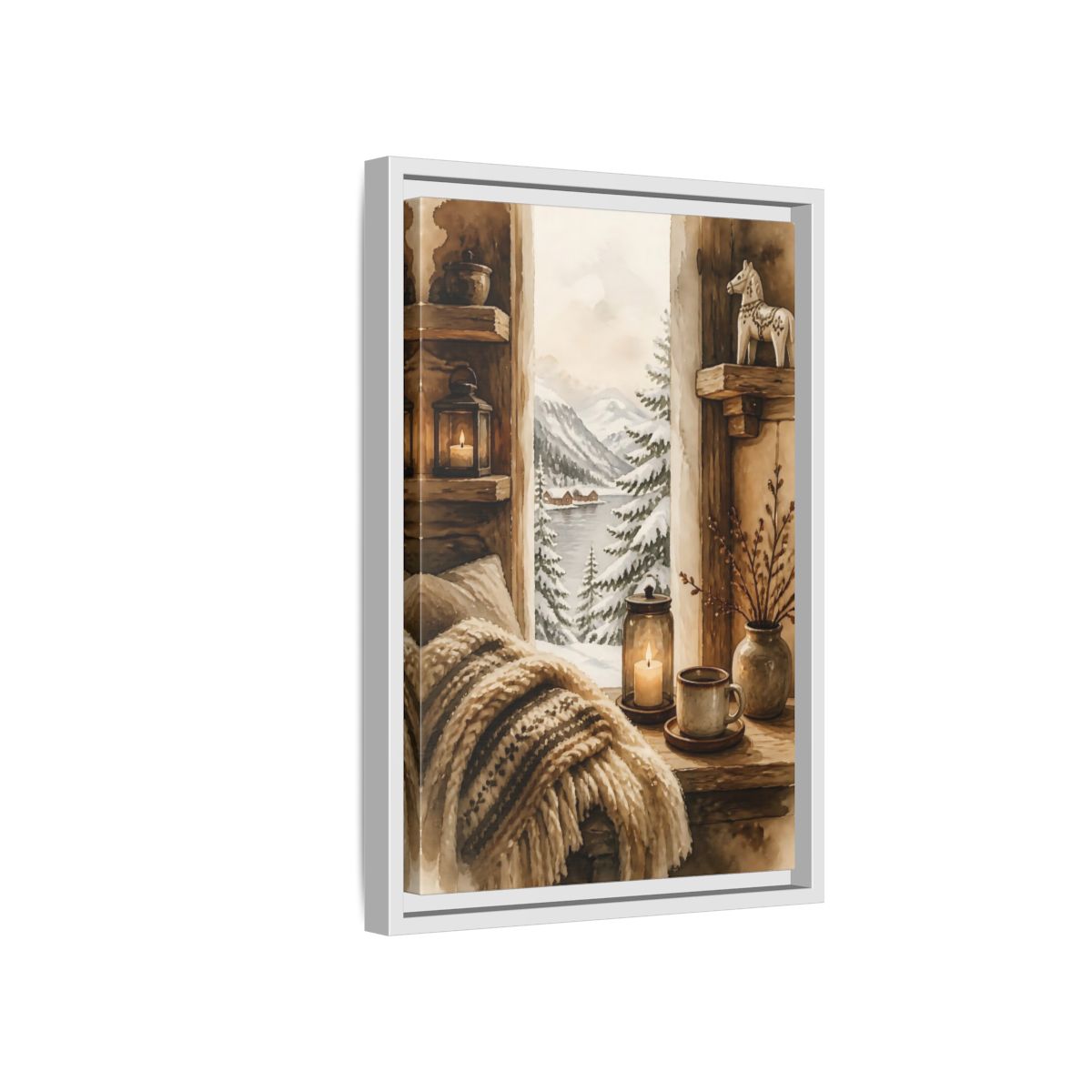 Side Mockup 4. Cozy Winter Window View shown as framed canvas print