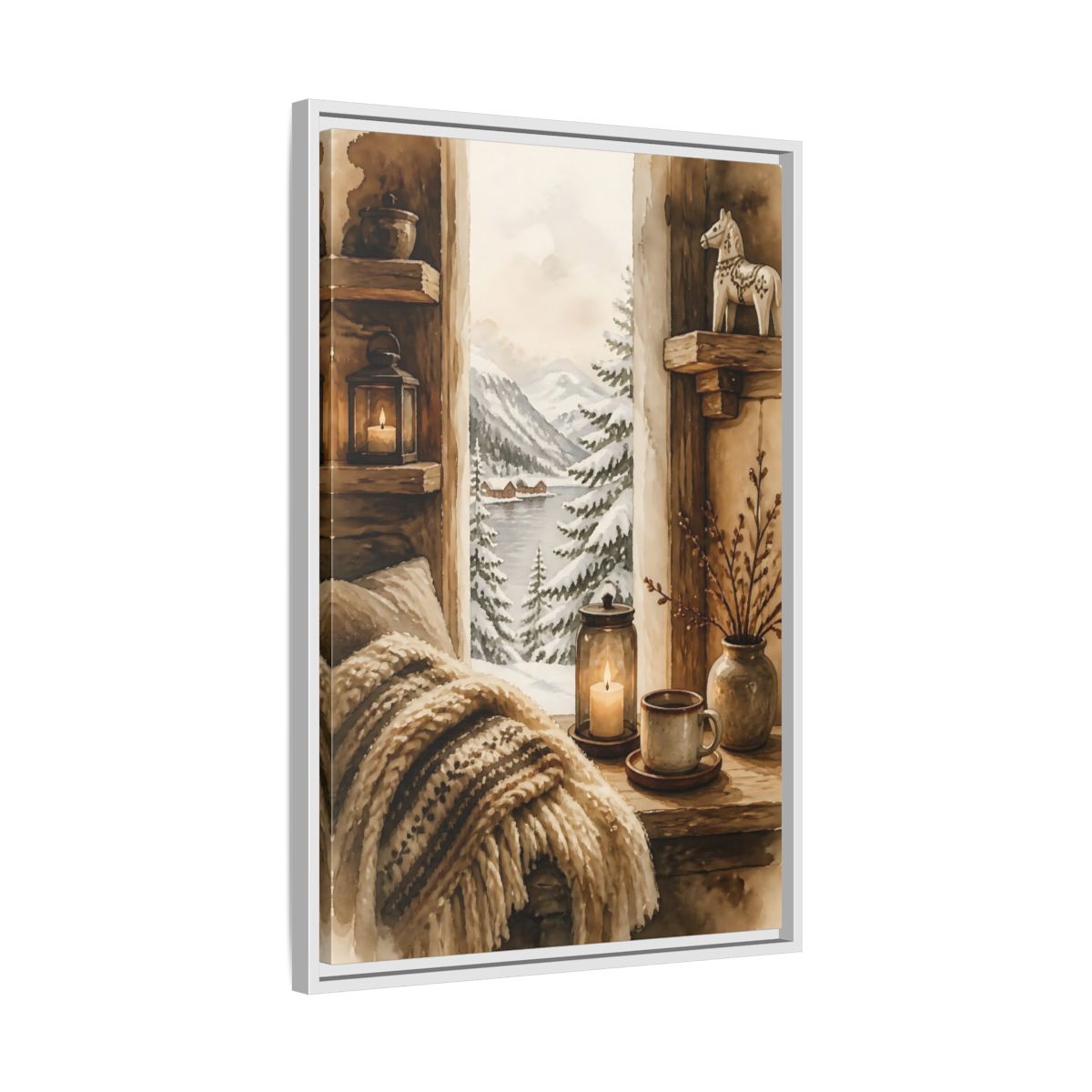 Side Mockup 10. Cozy Winter Window View shown as framed canvas print