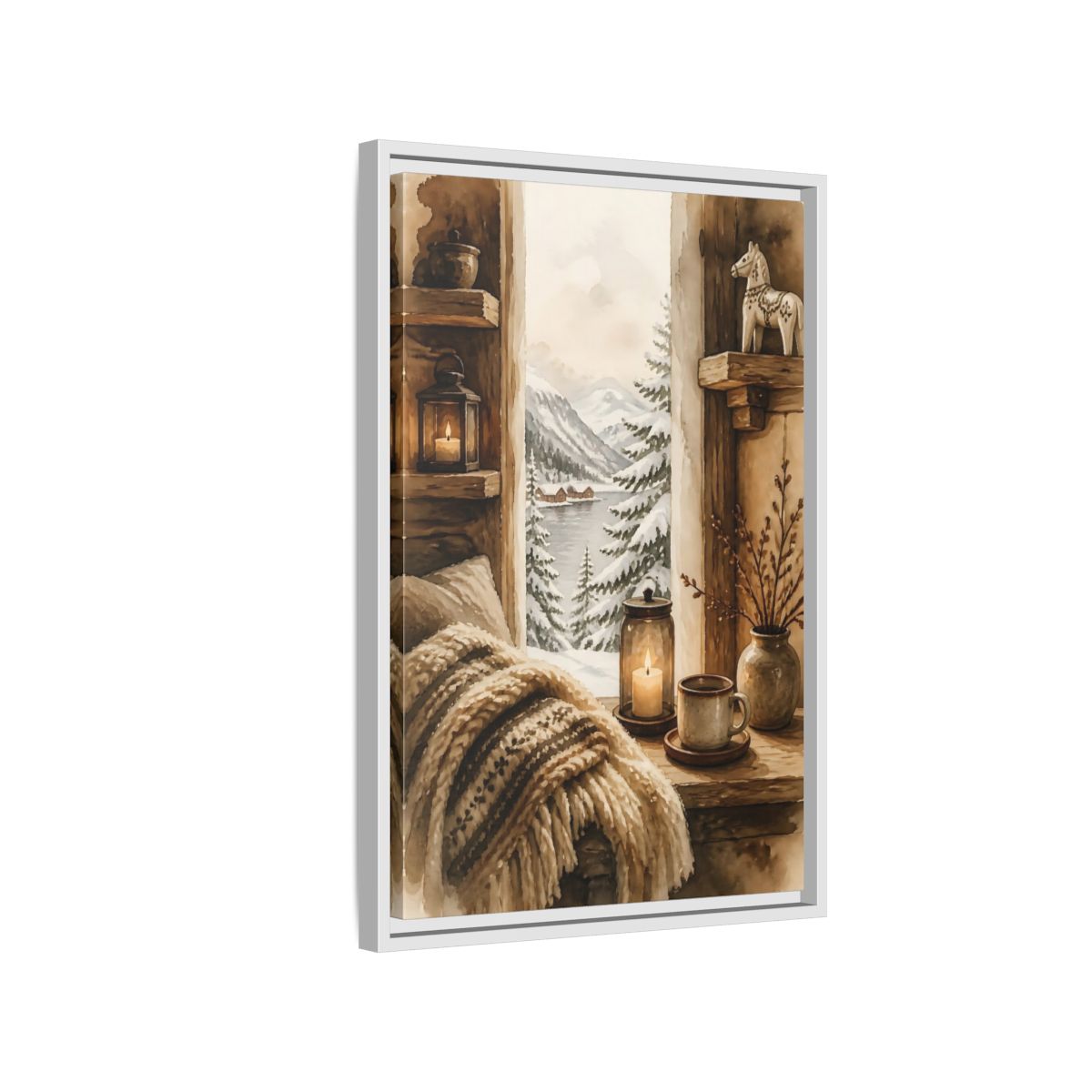 Side Mockup 1. Cozy Winter Window View shown as framed canvas print