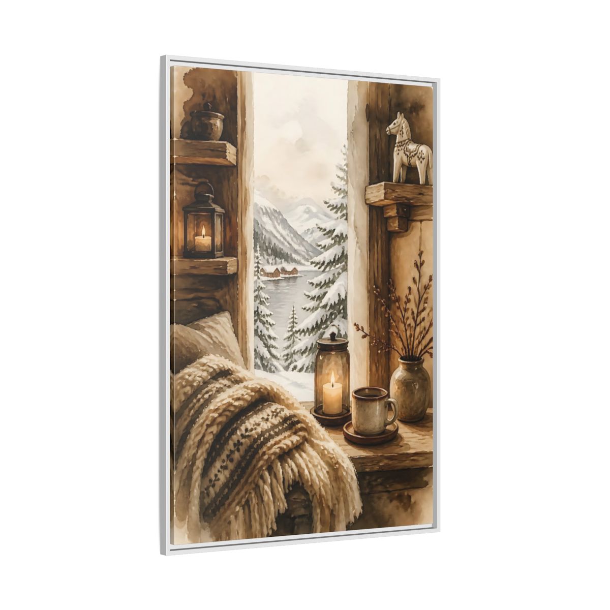 Side Mockup 7. Cozy Winter Window View shown as framed canvas print