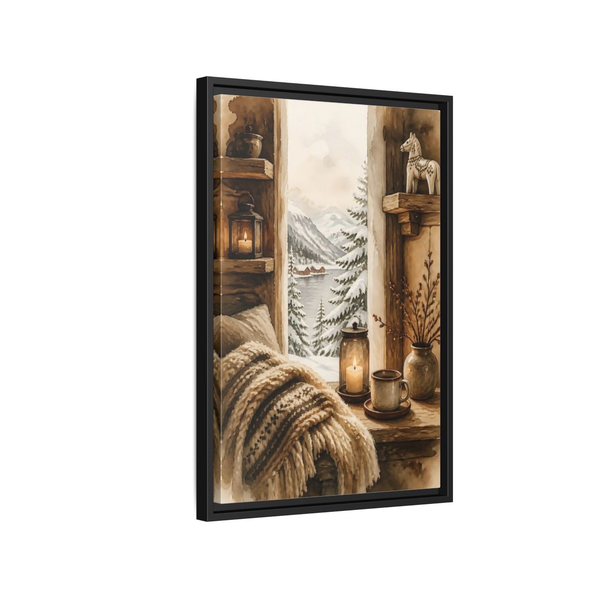 Side Mockup 3. Cozy Winter Window View shown as framed canvas print