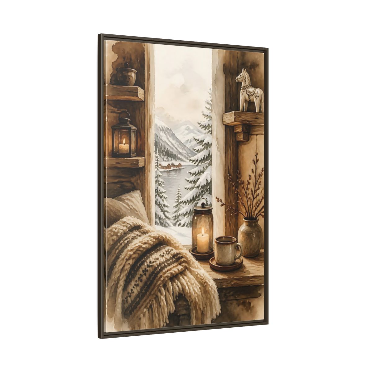 Side Mockup 8. Cozy Winter Window View shown as framed canvas print
