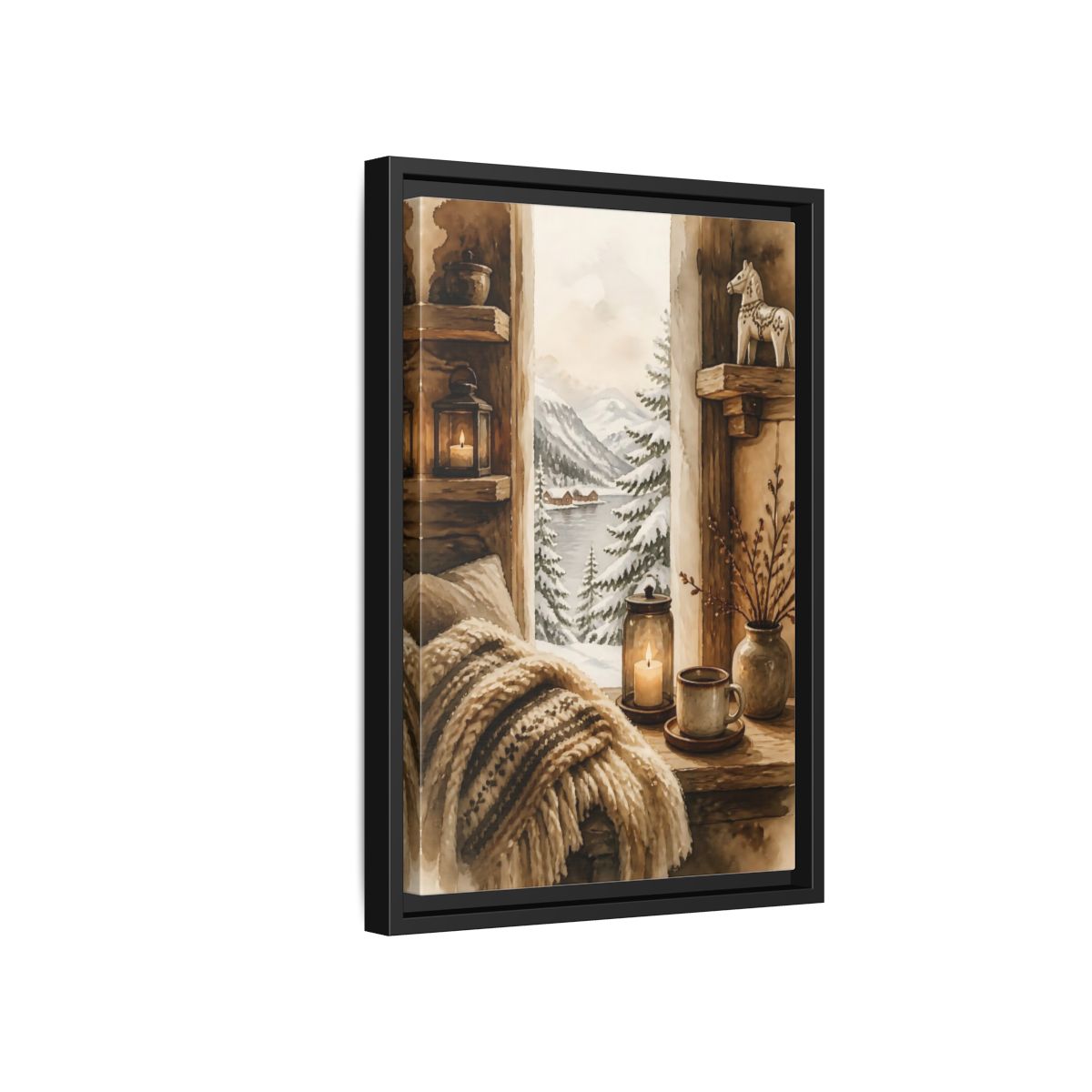 Side Mockup 6. Cozy Winter Window View shown as framed canvas print