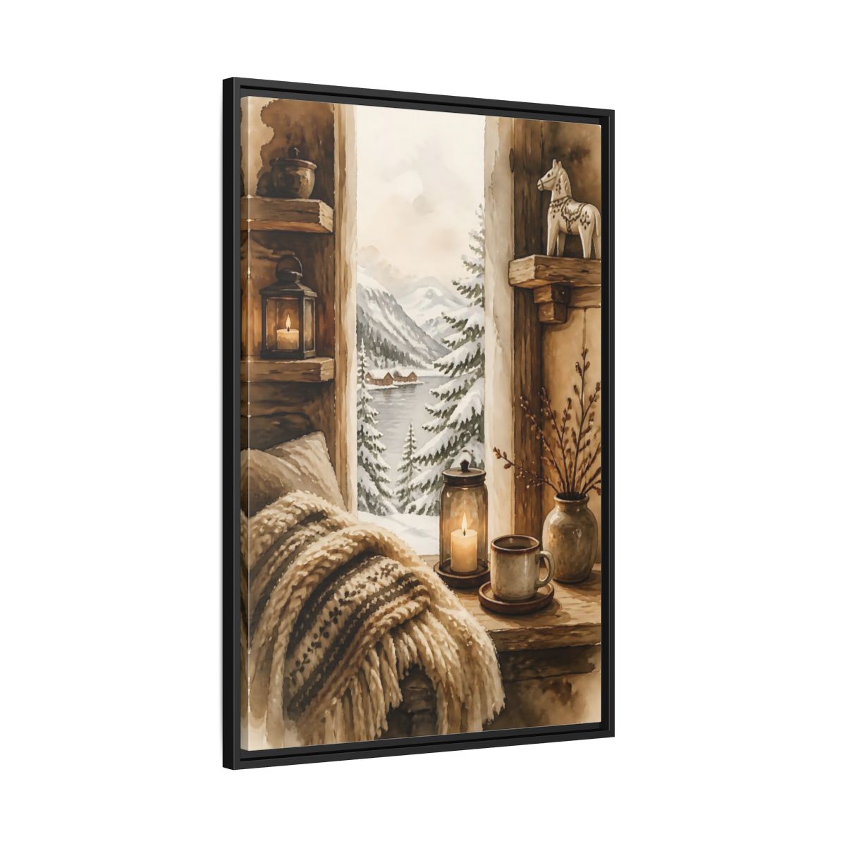 Side Mockup 13. Cozy Winter Window View shown as framed canvas print