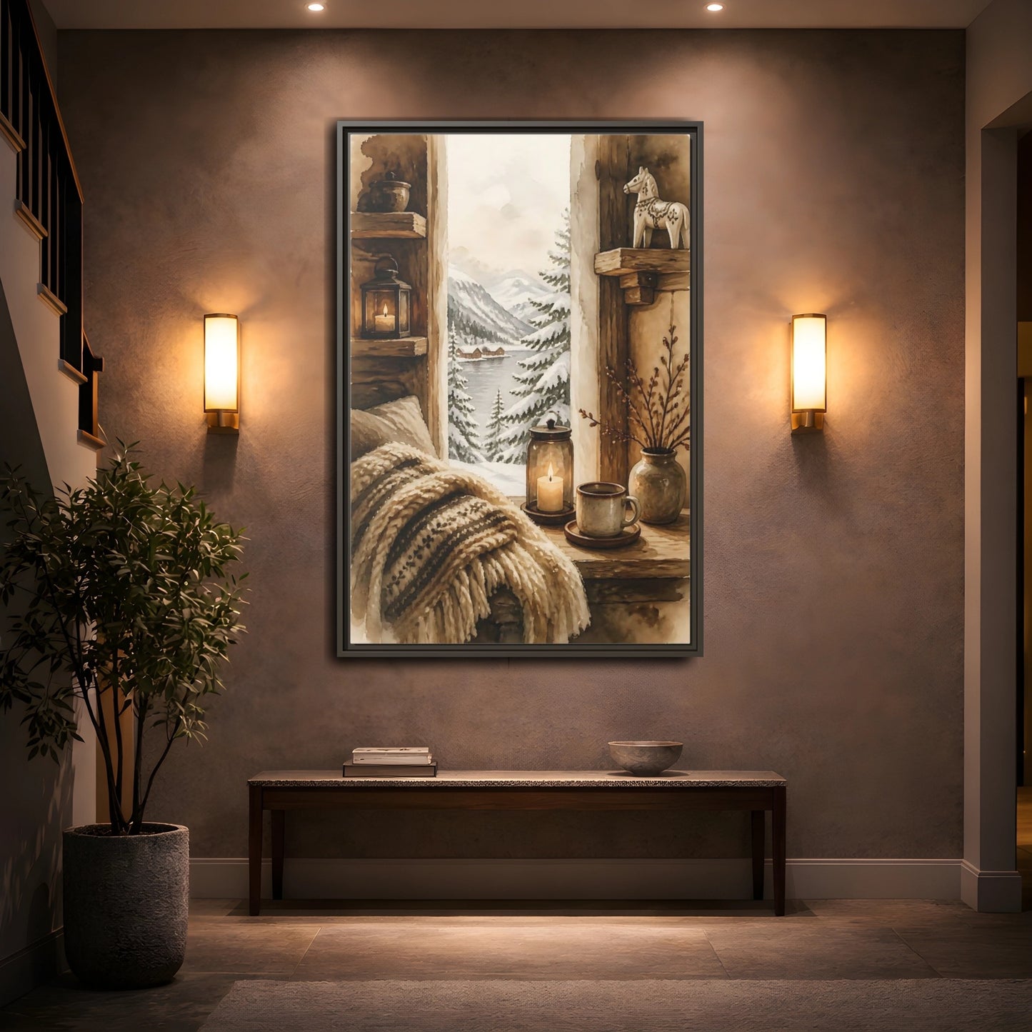 Mockup 2. Cozy Winter Window View shown as framed canvas print