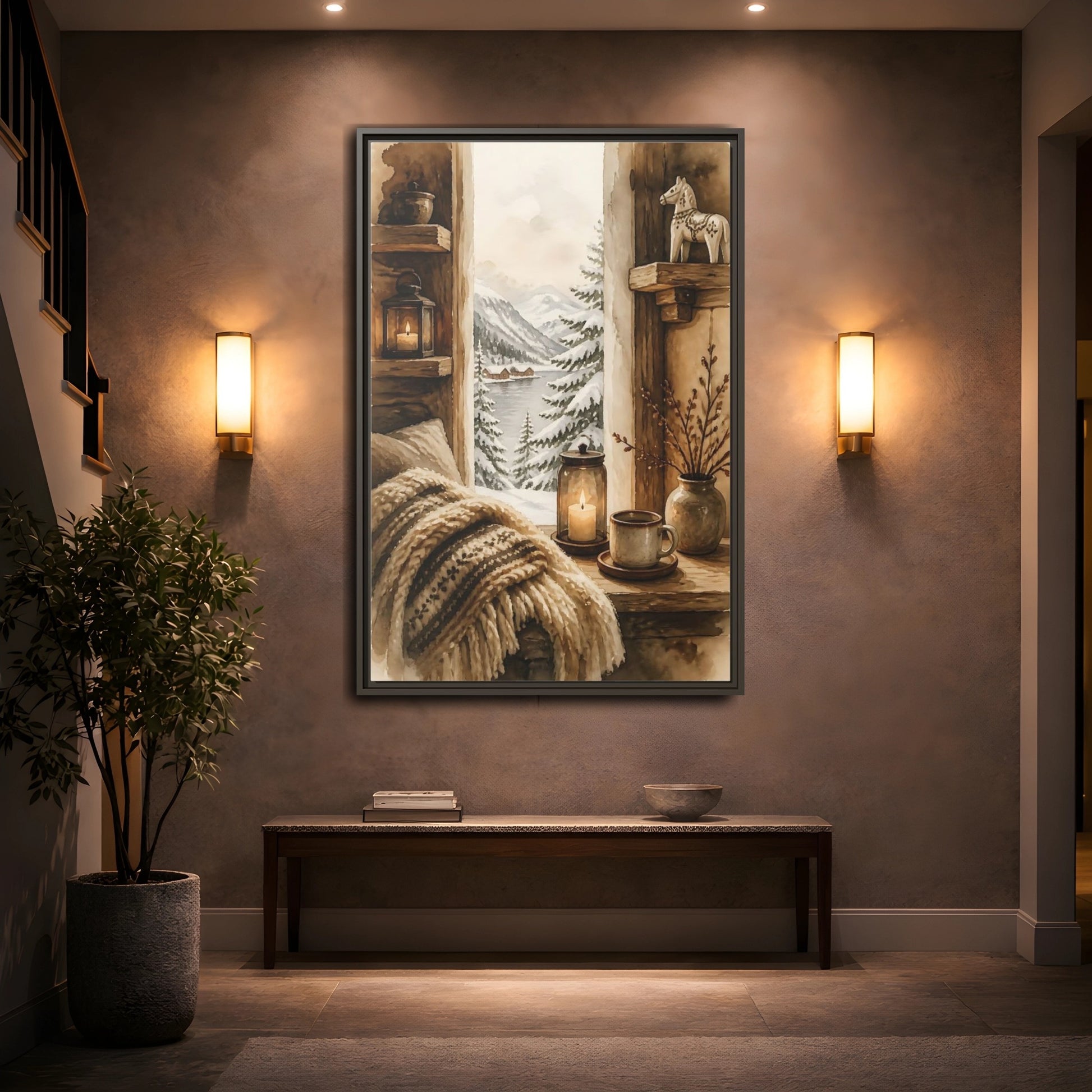 Mockup 2. Cozy Winter Window View shown as framed canvas print