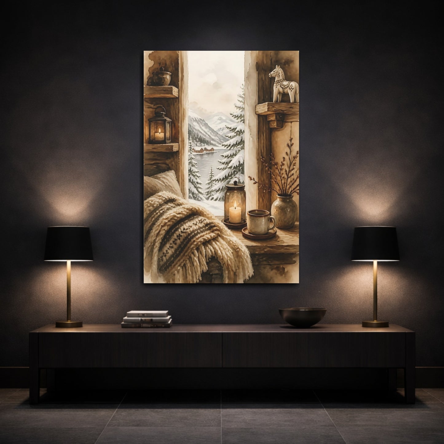 Mockup 3. Cozy Winter Window View shown as canvas print