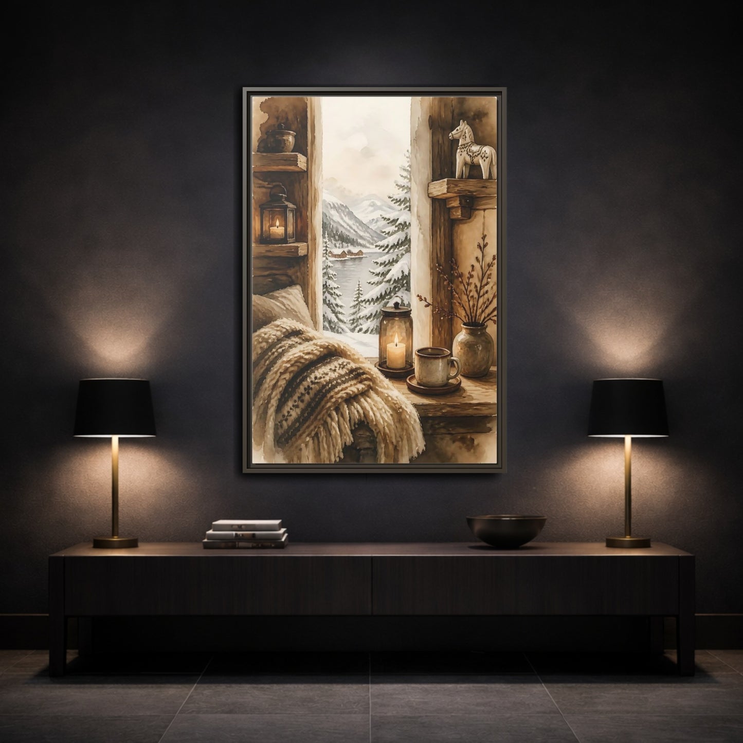 Mockup 3. Cozy Winter Window View shown as framed canvas print