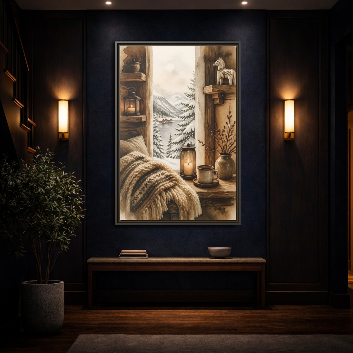 Mockup 4. Cozy Winter Window View shown as framed canvas print