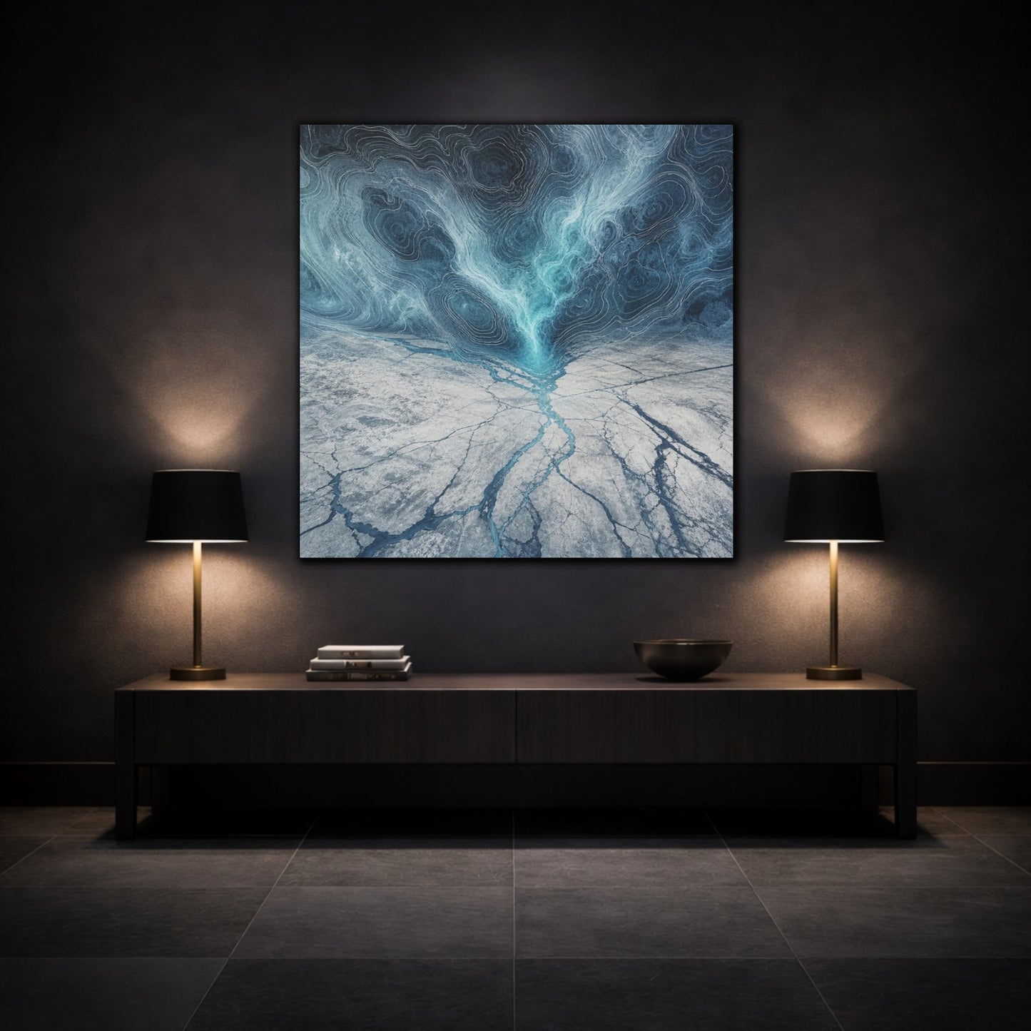 Mockup 3. Cracked Ice Topography shown as canvas print