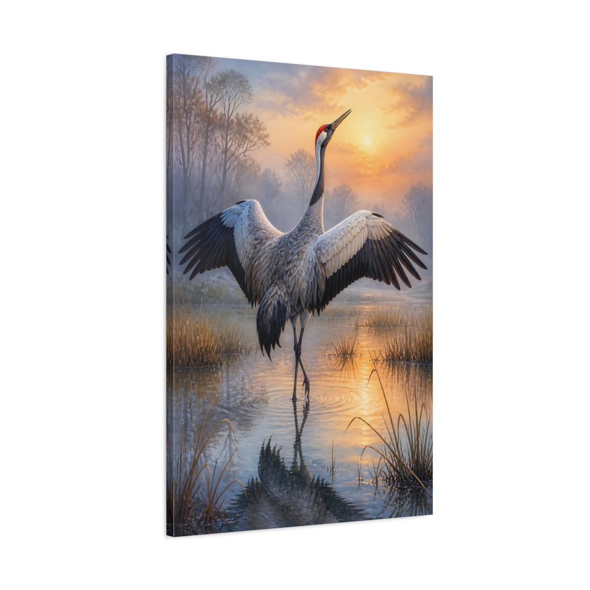 Main Mockup. Crane At Dawn Animals shown as canvas print